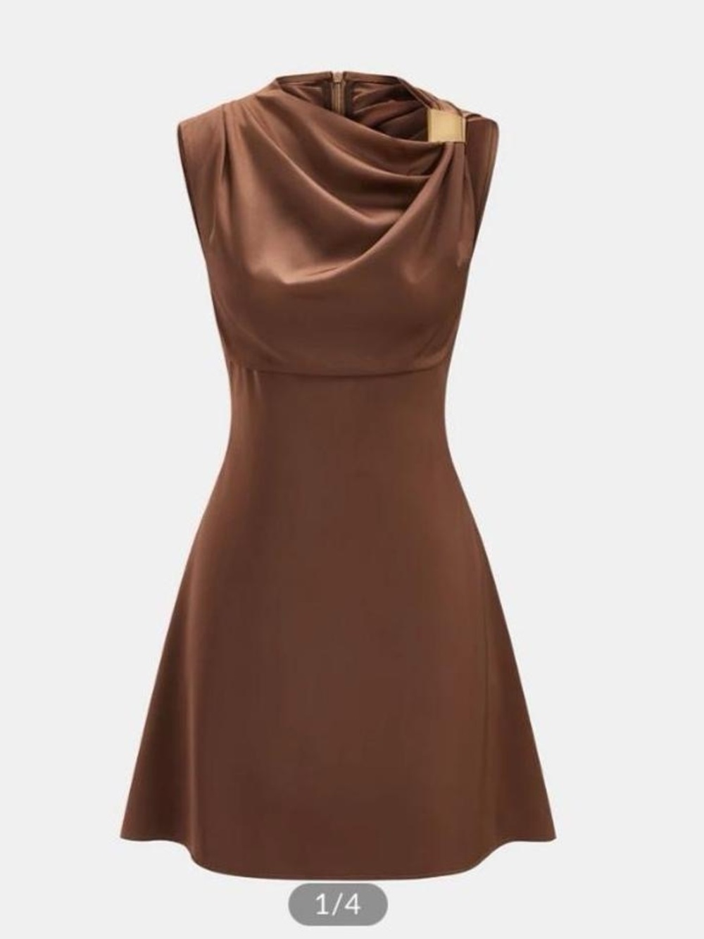 Commense Brown Satin Asymmetric Cowl Neck Dress Hold Shoulder Detail M NWT